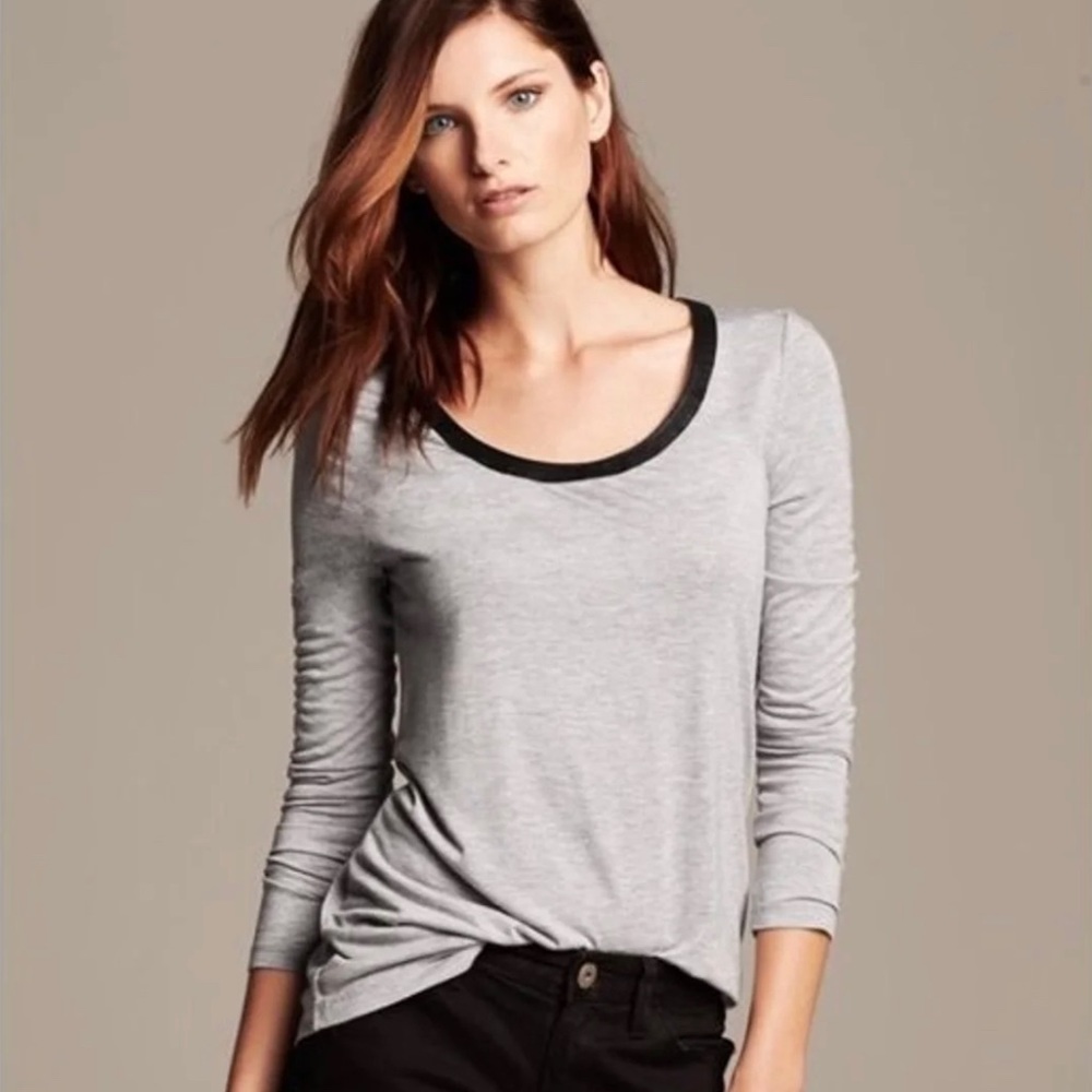 CLOSEOUT! Long Sleeve Grey Shirt with Faux Leather Detail
